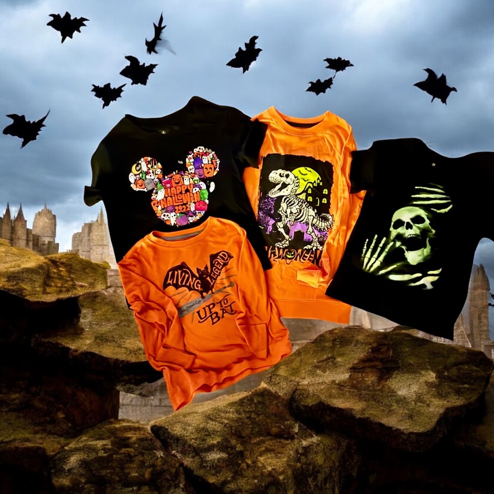 Halloween Graphic T-Shirt Bundle Size 6-10 Mickey Skull Dino Bat Orange Black